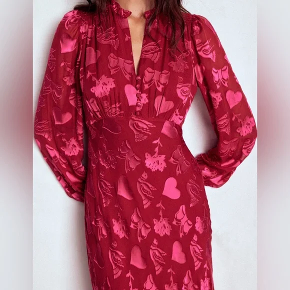 Boden Cassie Devore Midi Tea Dress
Pink Red Heart Dove modest Long Sleeve 2 - Picture 3 of 13